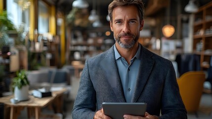 Corporate leader studying financial metrics on tablet, background of office space
