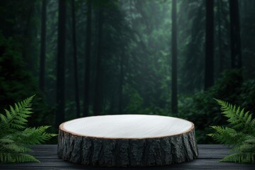 A tranquil forest scene featuring a wooden stump surrounded by lush greenery, evoking a sense of peace and connection with nature.