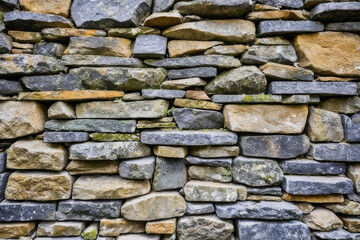 Abstract background of stacked stone slabs forming a wall.