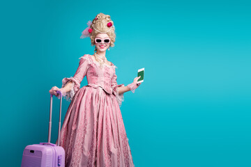 Photo of beautiful charming medieval lady baroque era wear corset dress isolated on blue color background