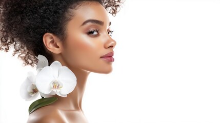 Fototapeta premium Beautiful woman face, holding a white orchid flower on her shoulder, against a white
