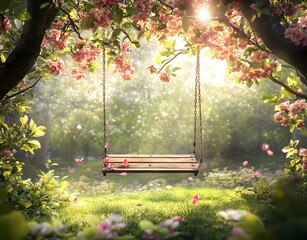 A wooden swing hanging from the branches of blooming apple trees in spring, surrounded by lush green grass and colorful flowers,