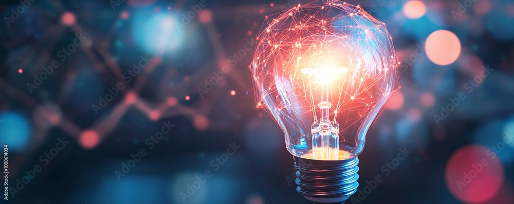 Poster light bulb shining with network connections symbolizing innovation and ideas