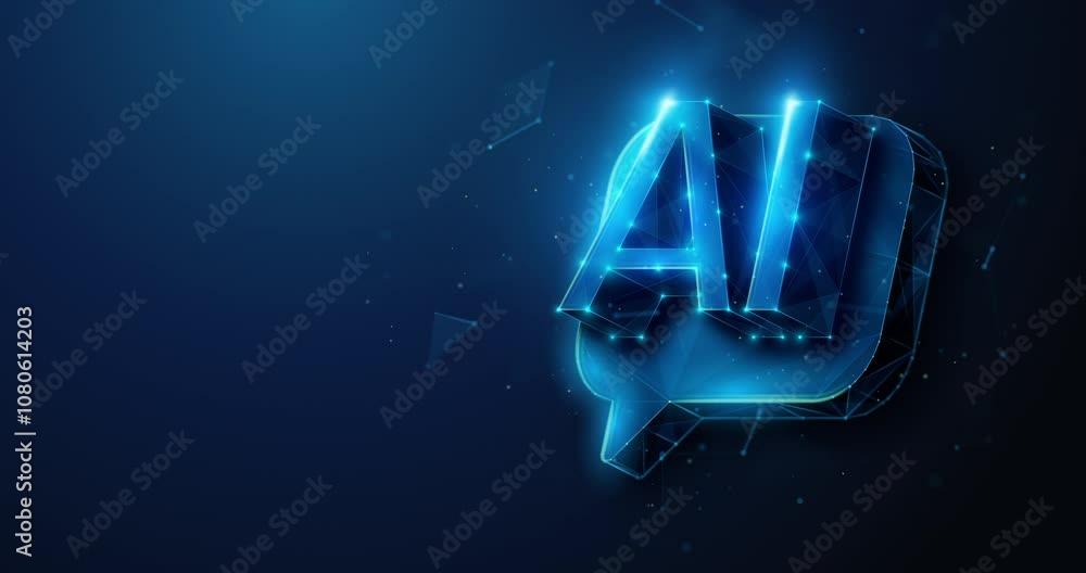 Poster abstract animated low poly ai floating over chat bubble. artificial intelligence chatbot service, ai