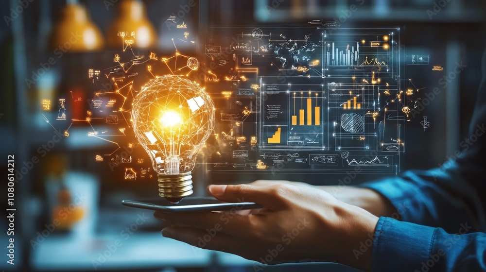 Aufkleber businessman holding smartphone with glowing lightbulb and data analysis displaying innovation and bu