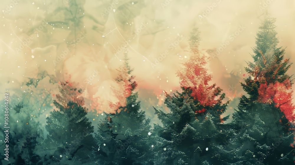 Poster mystical forest scene with tall pine trees enveloped in mist and soft, ethereal lighting creating a 