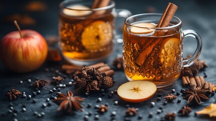 Fototapeta premium Spiced apple cider in glass mug with cinnamon sticks, cloves, surrounded by autumn leaves, warm winter vibes