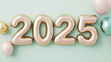 Elegant 2025 New Year Backdrop with Metallic Balloons and Pastel Tones