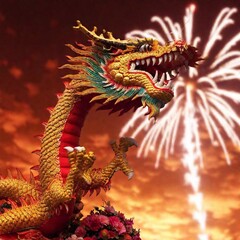 Fototapeta premium Chinese dragon statue taken from a low angle with soft focus, sky with fireworks, cartoon art in red tones