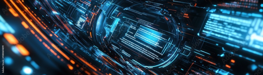 Poster a futuristic digital landscape with glowing lines and data streams.
