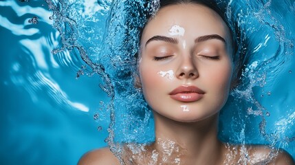 Water splash, skincare portrait or happy girl with beauty or smiling female model face