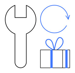 Wrench, circular arrow, gift box with bow. Ideal for maintenance, repair services, warranties, customer returns, rewards programs gifts customer support. Line metaphor