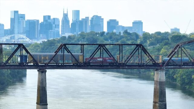 Aerial of Nashville Train Trestle with Downtown Skyline