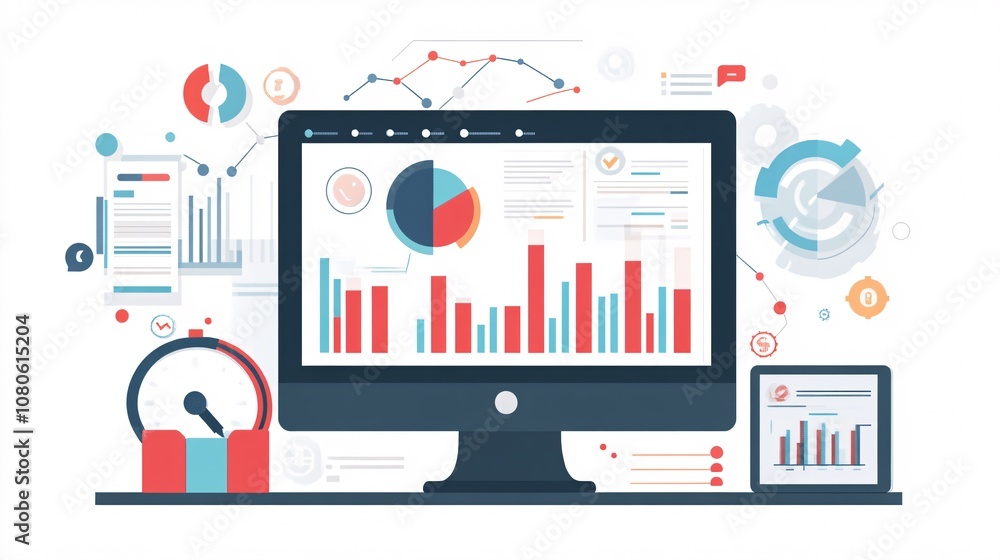 Poster Computer showing marketing analytics, charts and pie charts displaying growth