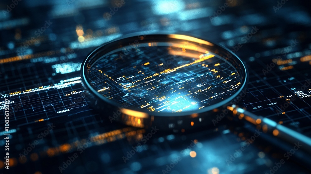 Poster Magnifying glass exploring futuristic digital circuit board with glowing data flow