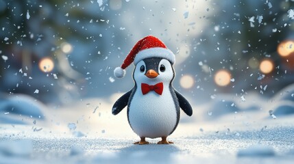 Festive Penguin Wearing Santa Hat in Snowy Winter Wonderland