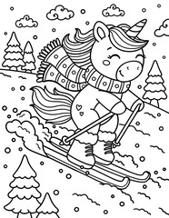 Unicorn skiing. Coloring page with Christmas unicorn. Hand drawn illustration. Coloring book. Coloring pages for adults and children. Winter. Snow is falling.