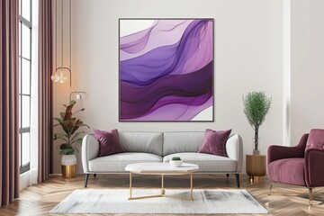 Modern living room with abstract art and white armchair