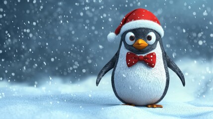 Festive Penguin Wearing Santa Hat in Snowy Winter Wonderland