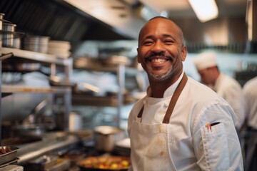 Fototapeta premium Portrait of a smiling American chef in restaurant kitchen