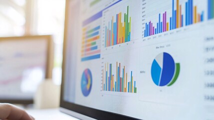Businesswoman analyzing statistical business charts on computer screen