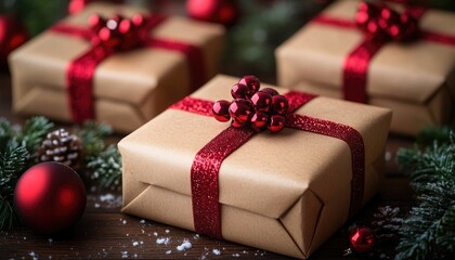 Christmas presents wrapped in brown paper with red ribbon. This image is ideal for greeting cards or gift wrap designs.