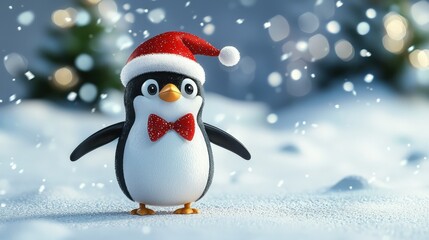 Festive Penguin Wearing Santa Hat in Snowy Winter Wonderland