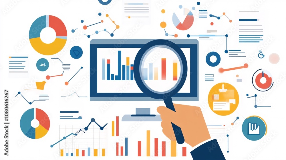 Fototapete businessman analyzing financial charts and graphs on computer screen using magnifying glass