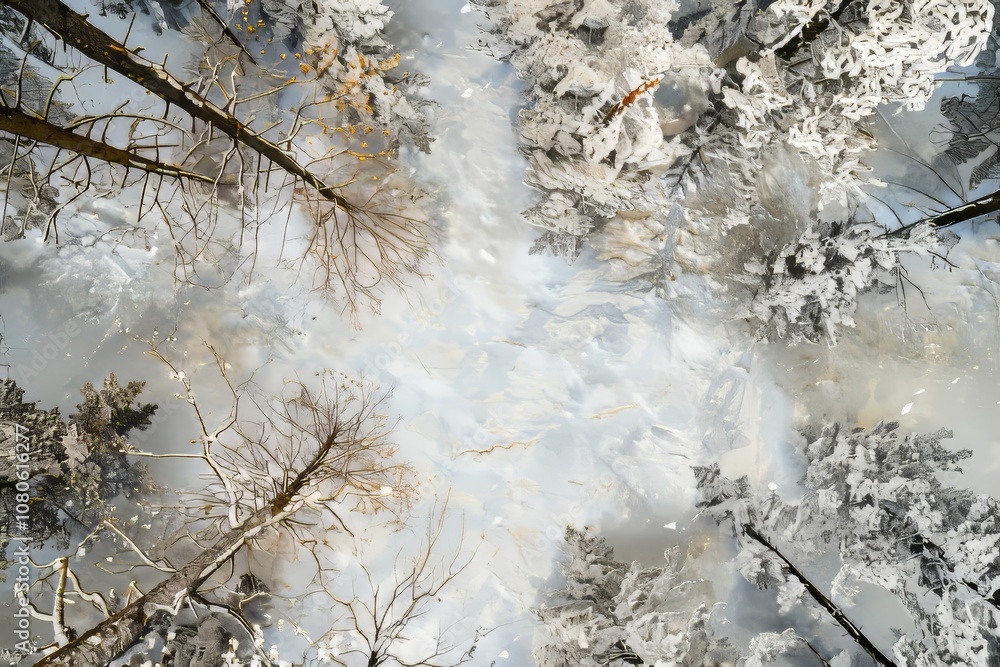 Poster a snow covered forest with trees in the background. the trees are bare and the snow is covering them