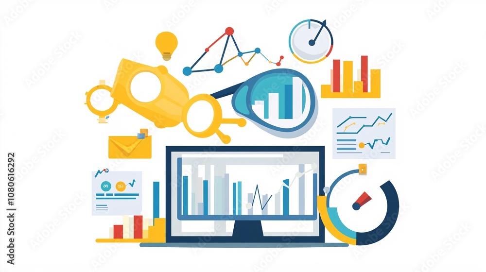 Poster Business analysis and project management using computer and charts displaying growing statistics