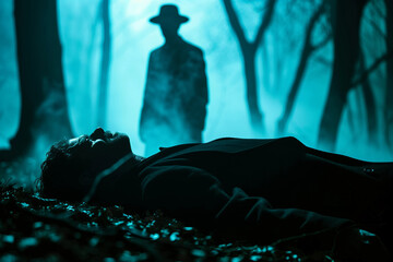 Mysterious Figure in Foggy Park with Red and Blue Lights Creating Suspenseful Crime Scene Atmosphere