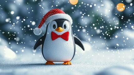 Festive Penguin Wearing Santa Hat in Snowy Winter Wonderland