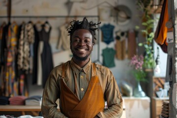 Obraz premium Portrait of a smiling Fashion designer entrepreneur in fashion atelier
