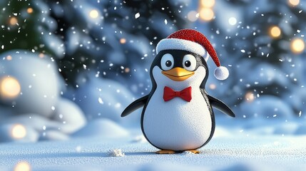Festive Penguin Wearing Santa Hat in Snowy Winter Wonderland