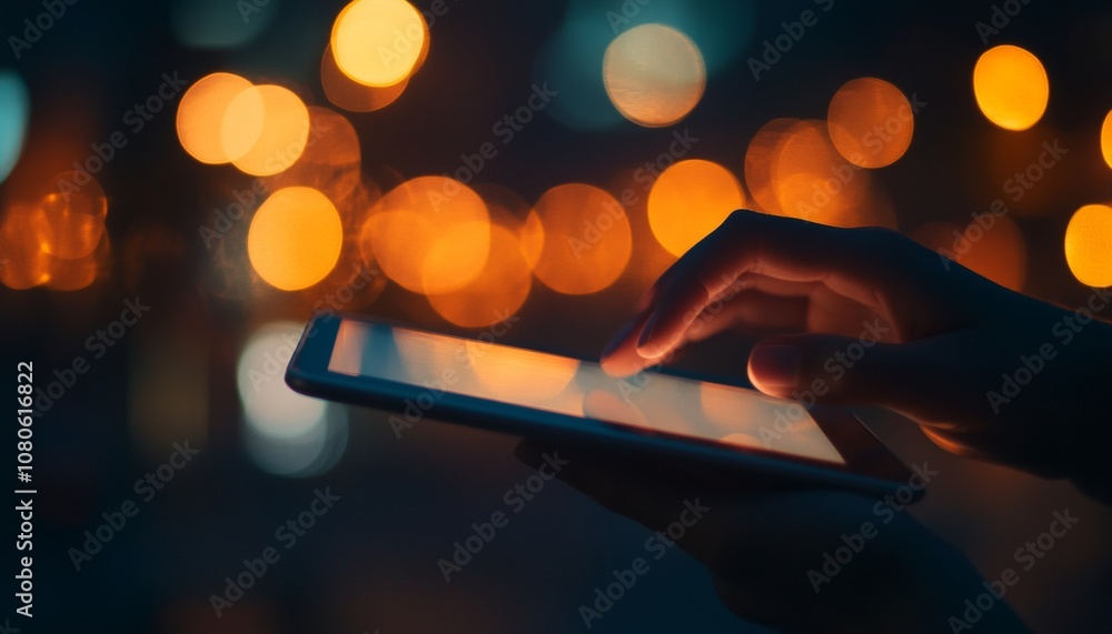 Poster modern tablet displaying business data analysis icons against a blurred background