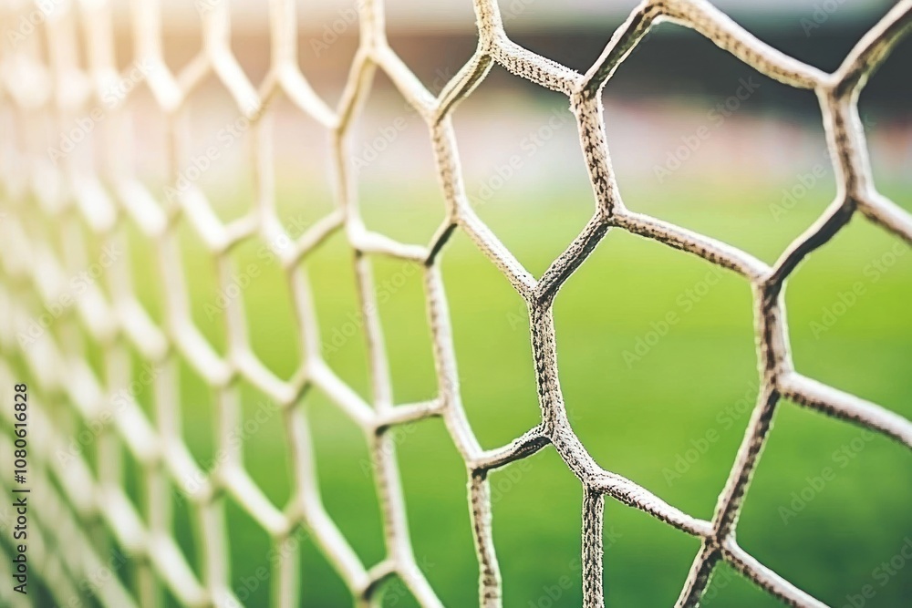 Poster close-up of a soccer goal net with a green field and bright light in the background.