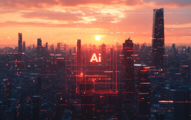 Fototapeta premium Modern urban architecture and Ai artificial intelligence technology theme background 