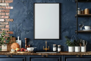 Mockup poster frame in kitchen interior on dark blue wall