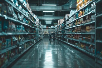 Fototapeta premium Long and bright supermarket aisle showcasing a wide selection of products