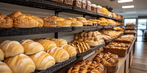 A fresh and inviting bakery display with a variety of artisanal bread and baked goods, showcasing loaves, rolls, and pastries on wooden shelves