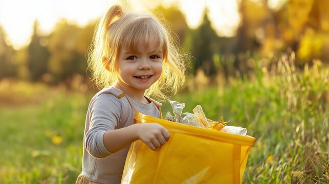 Little cute girl picking up trash plastic bottles in the park. Child for cleaning the nature