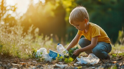 Little cute girl picking up trash plastic bottles in the park. Child for cleaning the nature