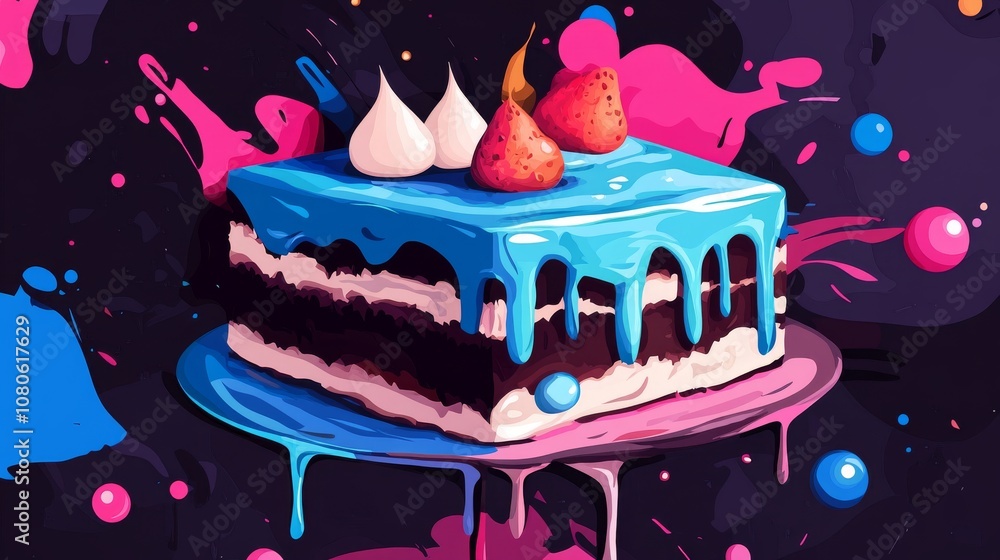 Poster vibrant cake with blue icing and strawberries, set against a dynamic abstract background with splash