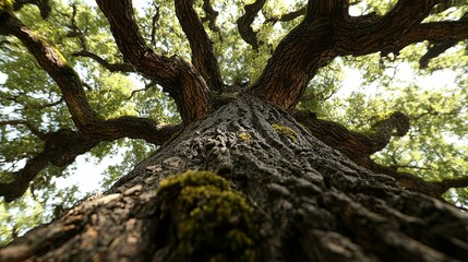 A Low-Angle View of a Large Tree Trunk with Green Foliage in the Background