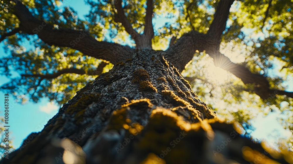 Poster a low-angle perspective of a tree trunk with sunlight filtering through the leaves