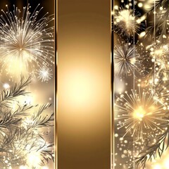  banner of Happy new year. Bright gold shade. A little bit small firework and snow flakes around boundary.