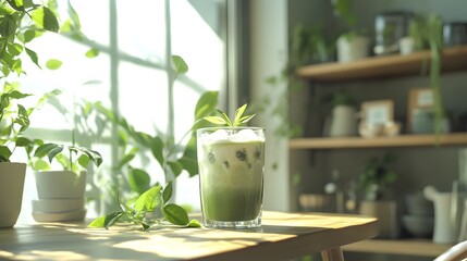 Iced matcha latte with mint garnish on a wooden table.