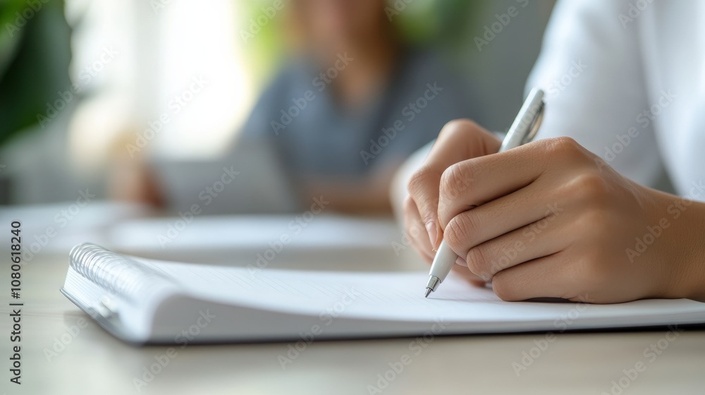 Poster close up of hands writing on a notebook during an office meeting, showcasing collaboration and teamw