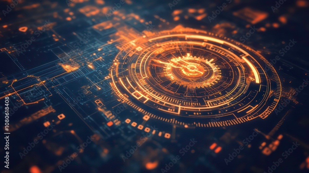 Aufkleber A glowing orange and blue digital interface with a central circular element with a futuristic design.