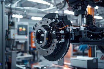 Close up of a technician working on an electric car brake